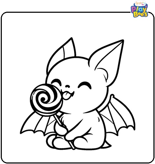 Little Bat Eating a Lollipop Coloring Page