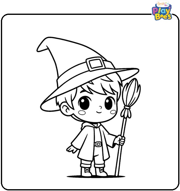 Little Boy in Witch Costume Coloring Page