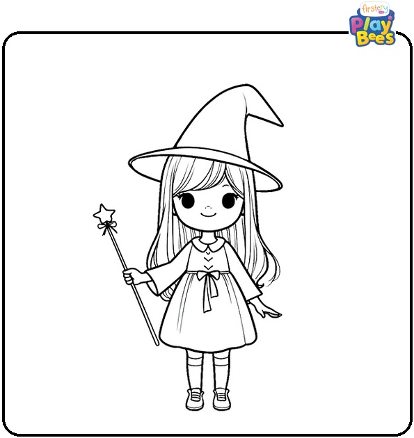 Little Witch Holds a Wand Coloring Page
