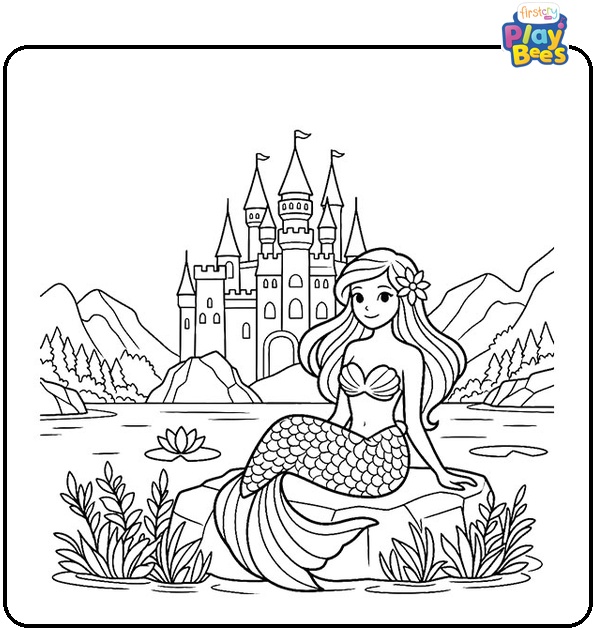 Mermaid Sitting by a Castle Moat Colouring Page
