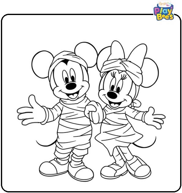 Mickey and Minnie in Mummy Costumes Coloring Page Mickey and Minnie in Mummy Costumes Coloring Page
