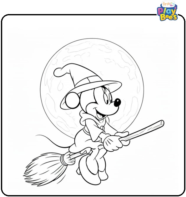 Minnie Mouse Witch Flying into the Moon Coloring Page Minnie Mouse Witch Flying into the Moon Coloring Page