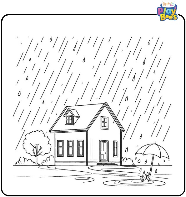 Rain Falling Over A House Coloring Page