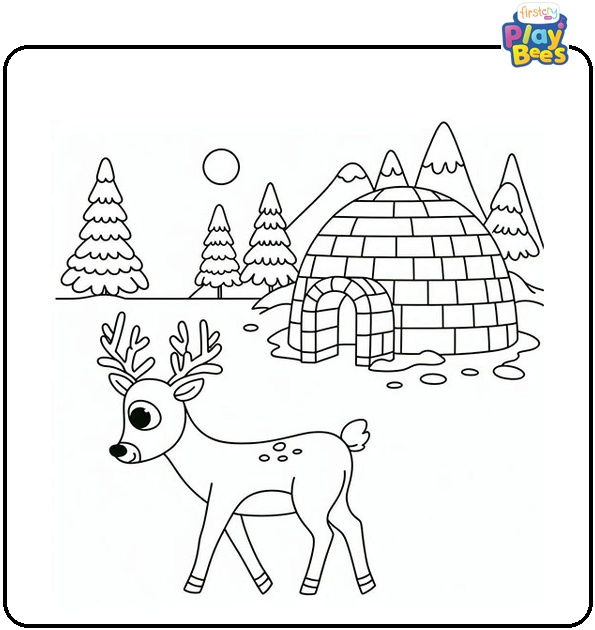 Rudolph and Igloo Coloring Page