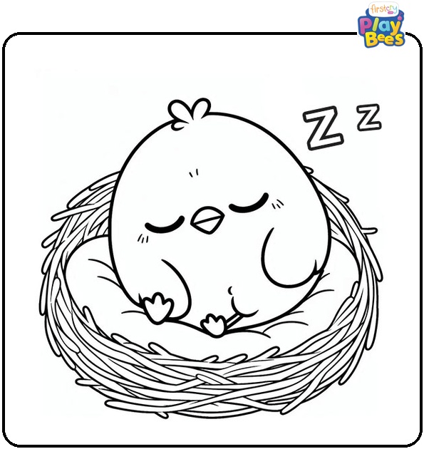 Sleepy Chick in a Nest Coloring Page