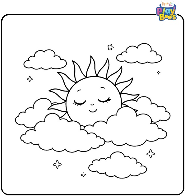 Sleepy Sun in a Cloudy Sky Coloring Page