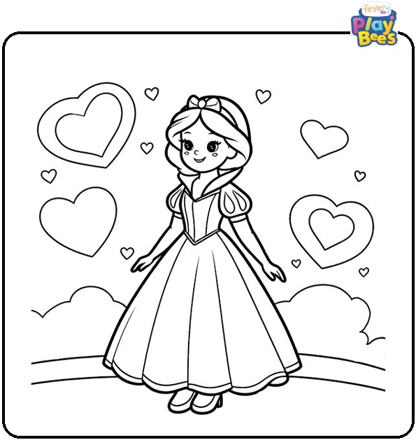 Snow White and Hearts Coloring Page