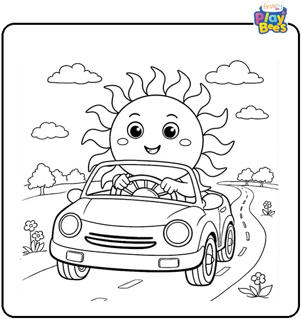Sun Driving A Car Coloring Page