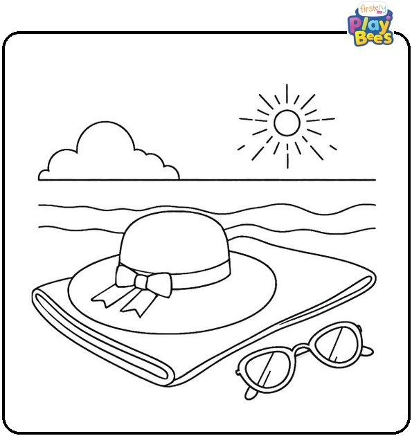 Sun Hat And Sunglasses On A Towel Coloring Page