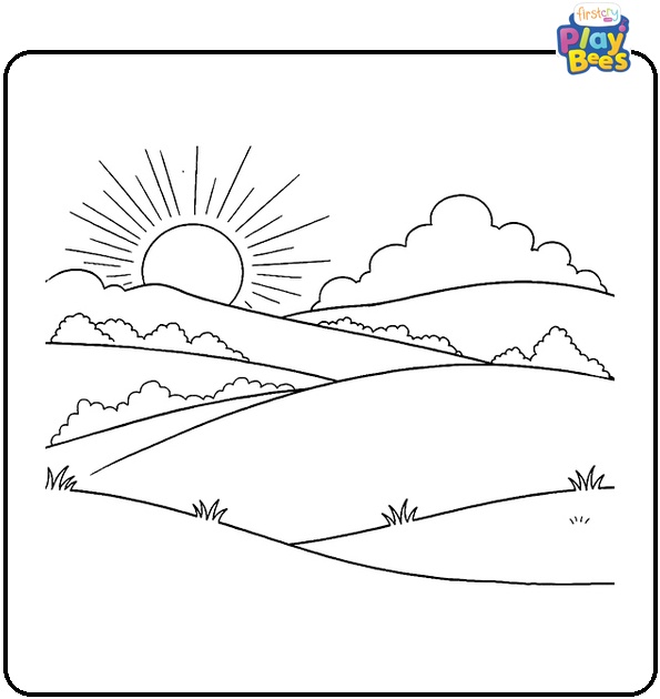 Sun Rising Over Hill Coloring Page