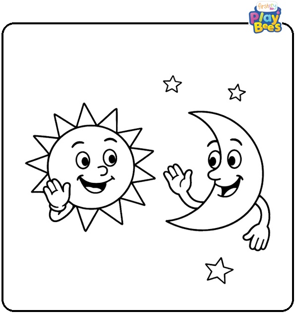 Sun and Moon Waving at Each Other Coloring Page