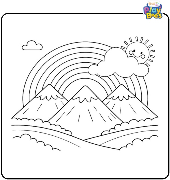 Sun over Mountains with Rainbow Coloring Page