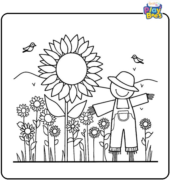 Sunflower Next to a Scarecrow Coloring Page