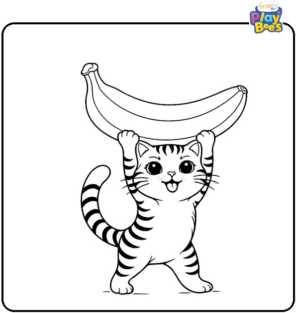 Tabby Cat Holding Up A Banana Coloring Page