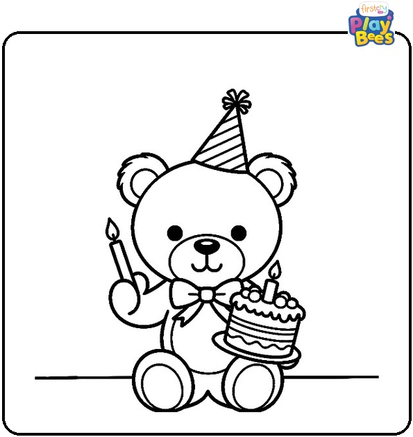 Teddy Bear with Birthday Cake Coloring Page Teddy Bear with Birthday Cake Coloring Page