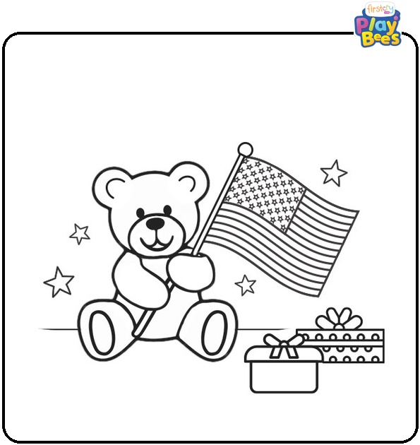 Teddy Holding USA Flag Coloring Page