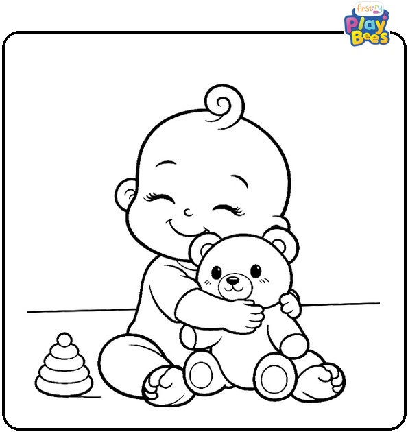 Thankful Baby Hugging Teddy Bear Coloring Page