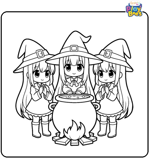Three Anime Witch Surrounding A Cauldron Coloring Page