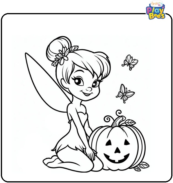 Tinkerbell Holds a Jack O' Lantern Coloring Page Tinkerbell Holds a Jack O' Lantern Coloring Page