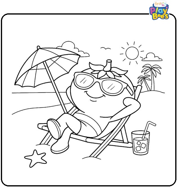 Tomato Relaxing on the Beach Coloring Page