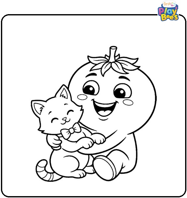 Tomato with Cute Cat Coloring Page