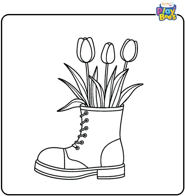 Tulip Flowers Growing From a Boot Coloring Page