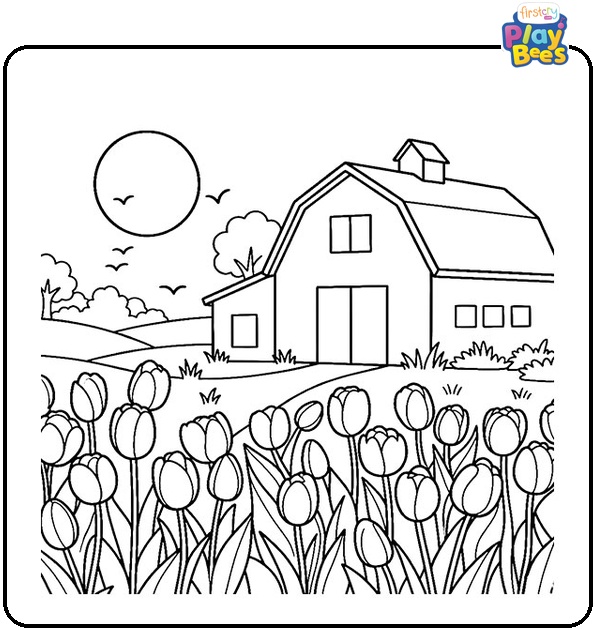 Tulip Field With Barn Colouring Page