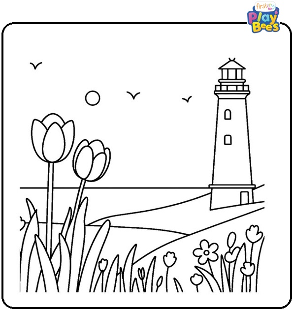 Tulips Near a Lighthouse Colouring Page