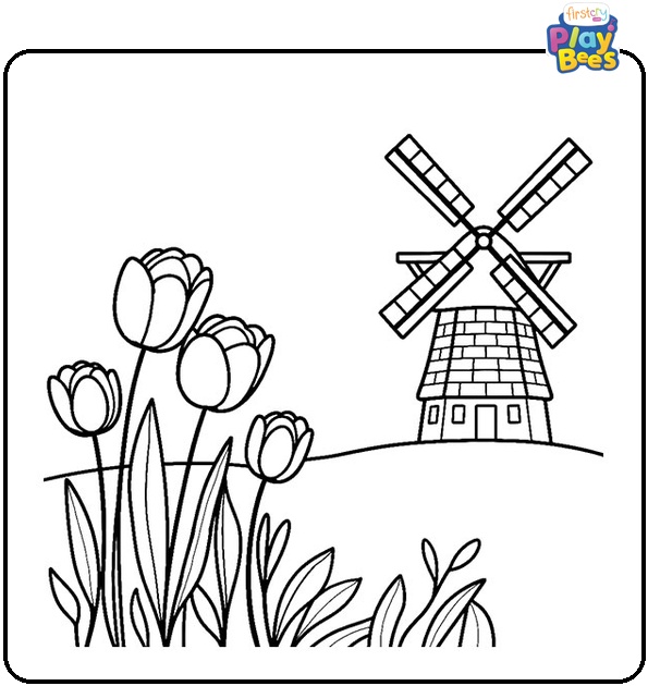 Tulips Near a Windmill Colouring Page