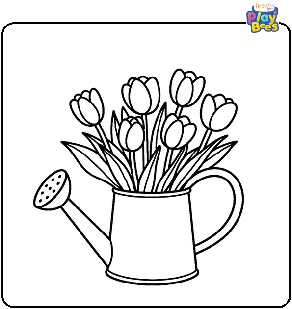 Tulips In a Watering Can Colouring Page