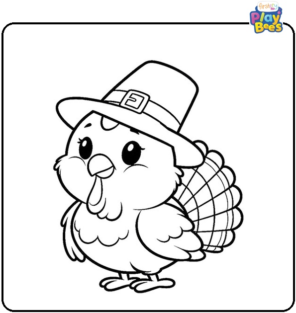 Turkey Day Words With Cartoon Turkey Wearing Hat Colouring Page