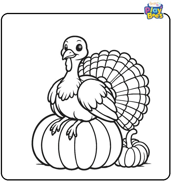 Turkey Sitting on Pumpkin Colouring Page
