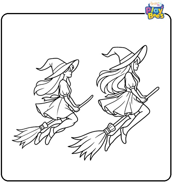 Two Girl Witch Flying Coloring Page