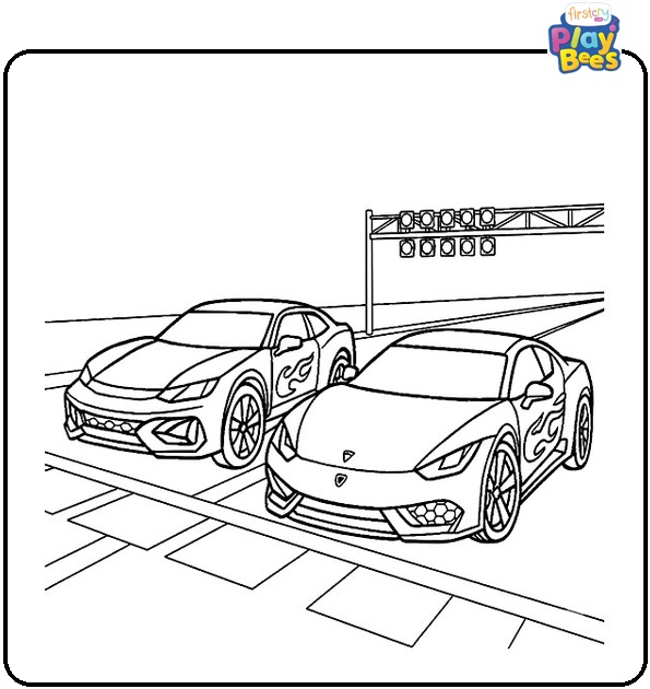Two Hot Wheels Cars At The Starting Line Of A Race Track Coloring Page