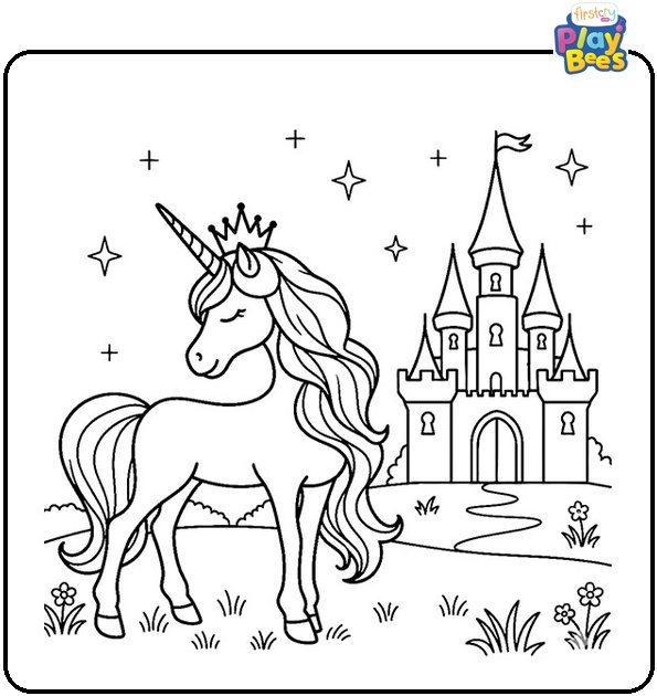 Unicorn and Castle Colouring Page
