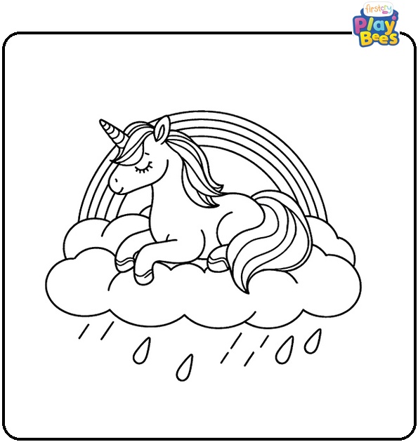 Unicorn on Raincloud Coloring Page