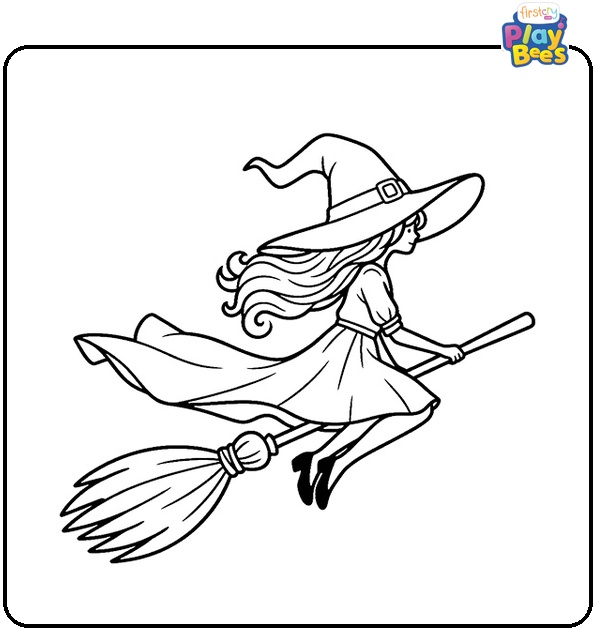 Witch Flying on a Broom Coloring Page