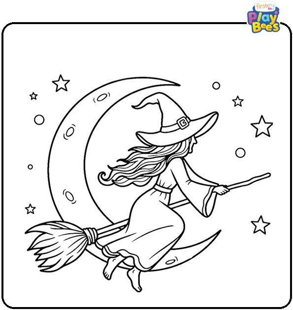 Witch Flying with Moon and Stars Coloring Page