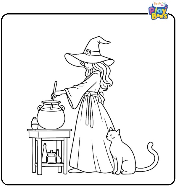 Witch Making Brew with a Cat Coloring Page