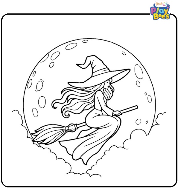 Witch On Moon Coloring Page