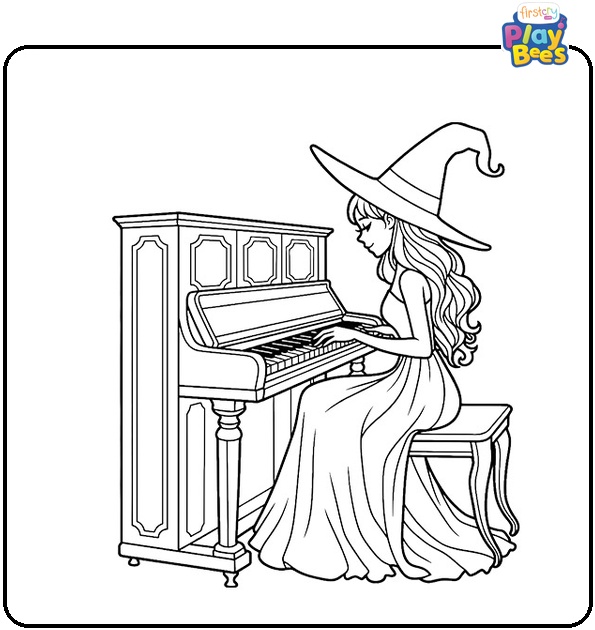 Witch Playing Piano Coloring Page