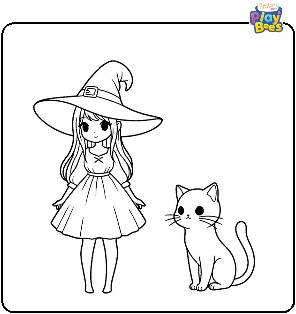 Witch and Cat Coloring Page
