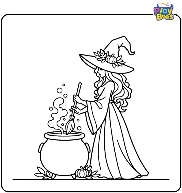 Witch and Cauldron Coloring Page