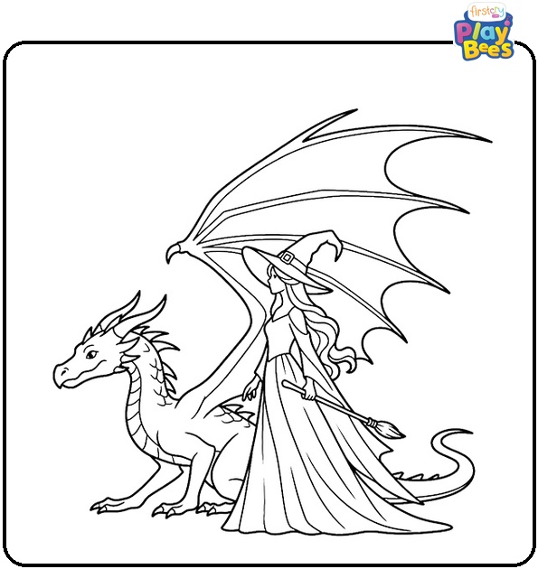Witch and Dragon Coloring Page
