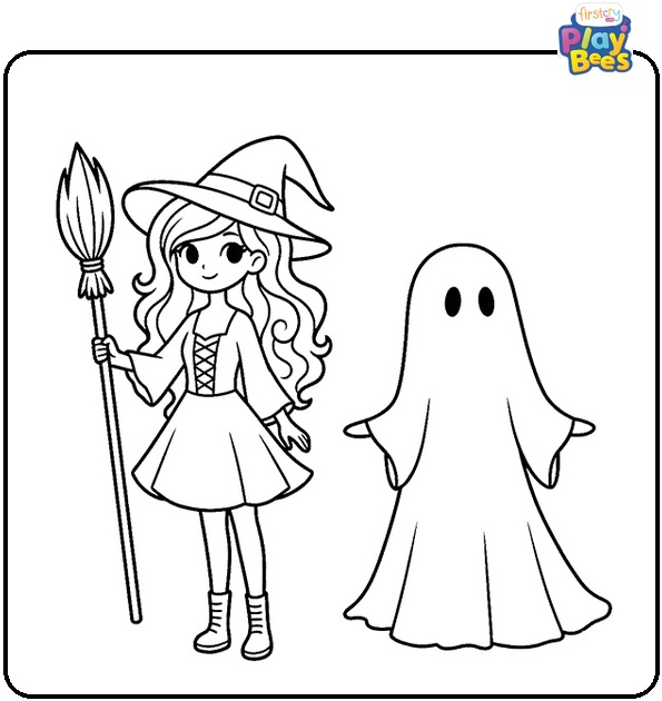 Witch and Ghost Friend Coloring Page