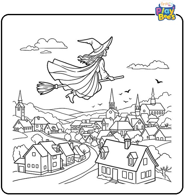 Witch over the Village Coloring Page