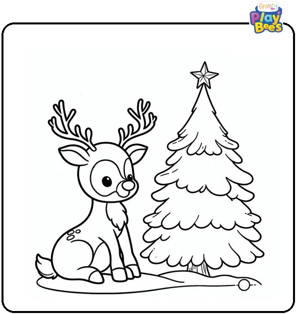 Christmas tree and Rudolph Coloring Page