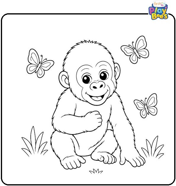 Baby Gorilla with Butterflies Coloring Page