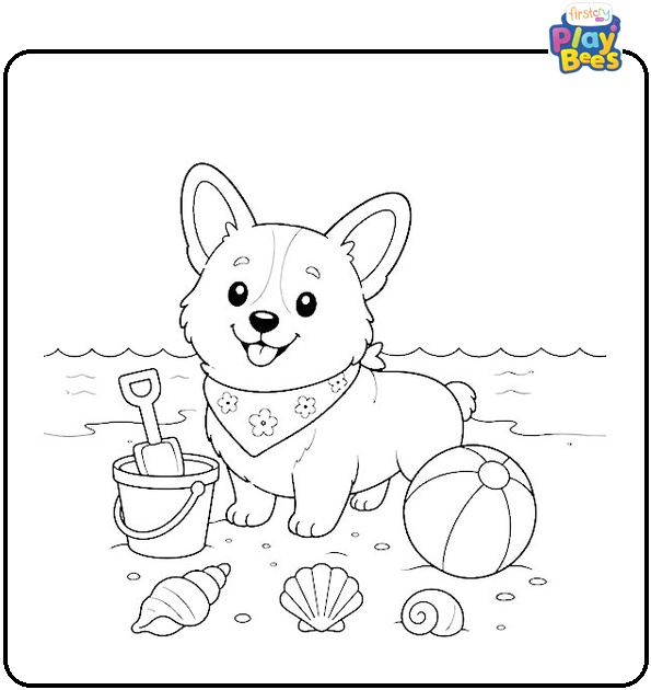 Beach Corgi Coloring Page