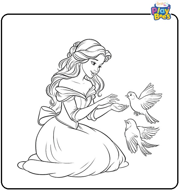 Belle Playing with Two Birds Coloring Page Belle Playing with Two Birds Coloring Page